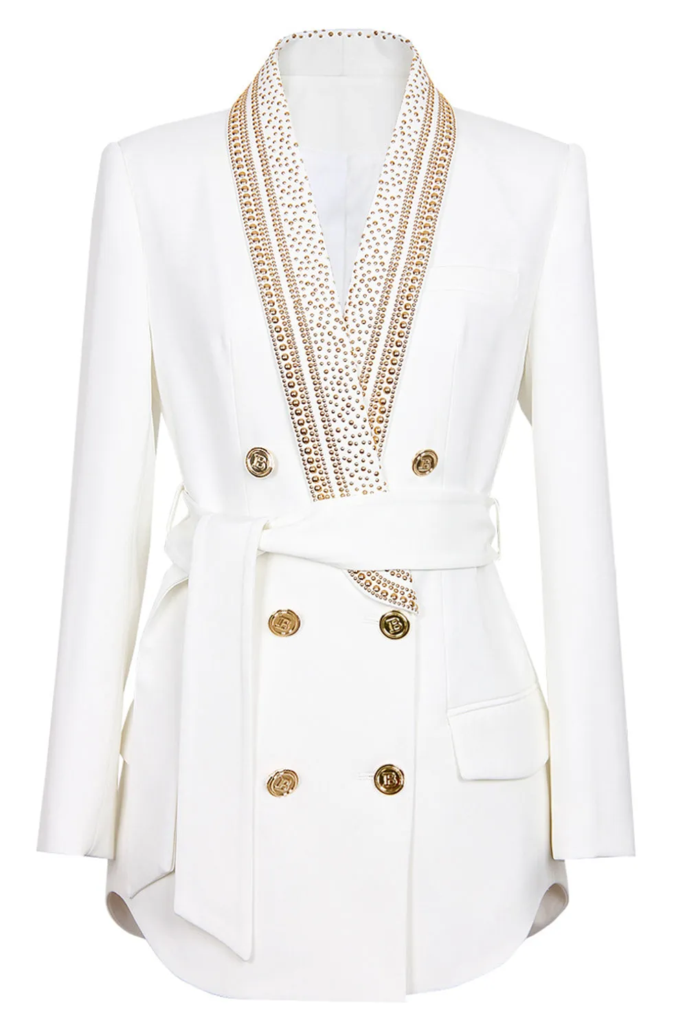 White Shawl Lapel Double Breasted Slim Fit Women Blazer with Beading sold by Zapaka
