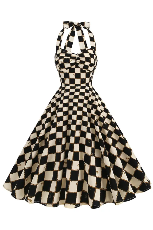 Black Grid Plaid Halter Short Vintage 1950s Dress sold by Zapaka