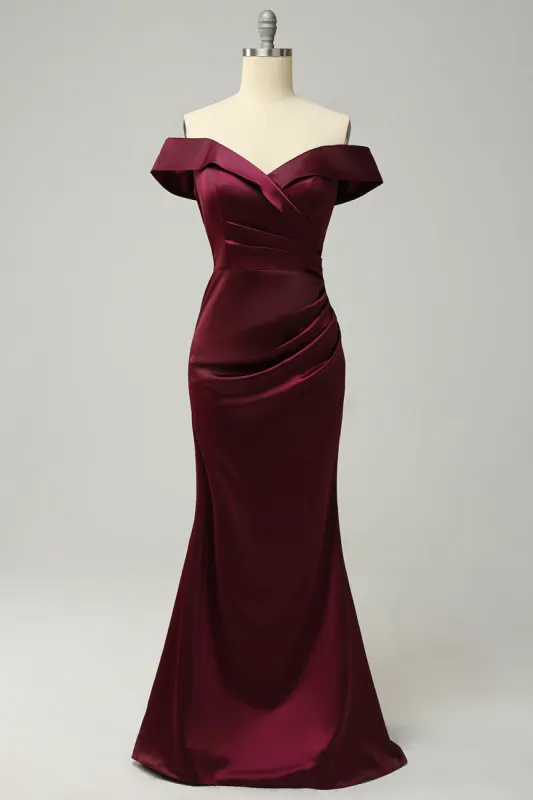 Burgundy Off The Shoulder Sheath Long Bridesmaid Dress sold by Zapaka