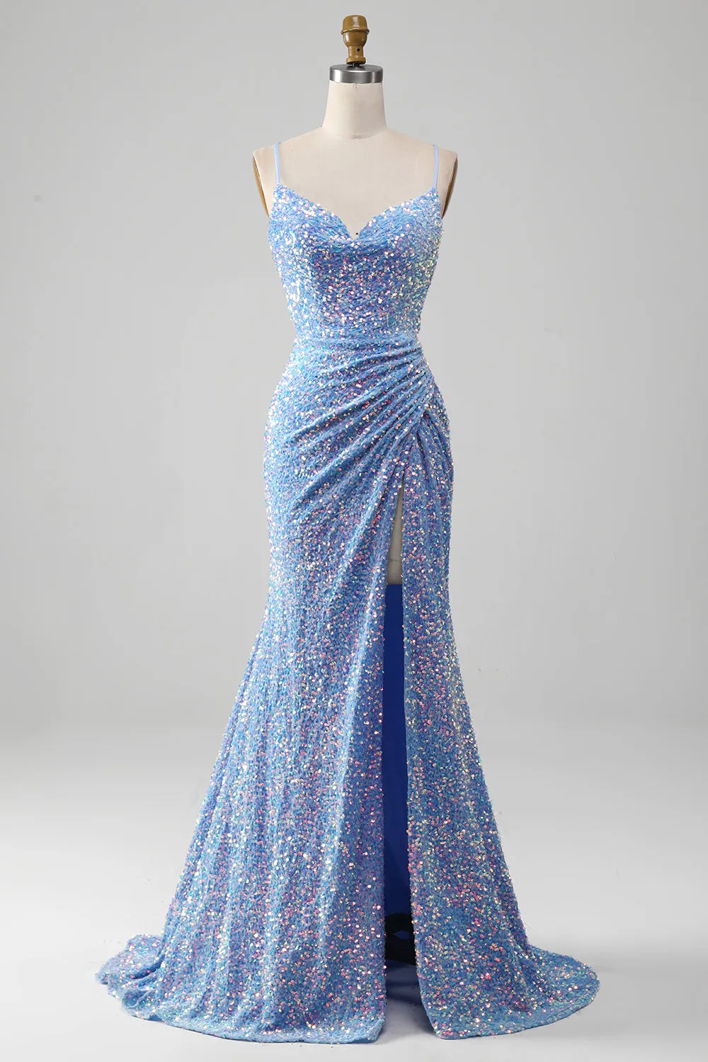 Sparkly Sequins Mermaid Light Blue Prom Dress with Slit sold by Zapaka
