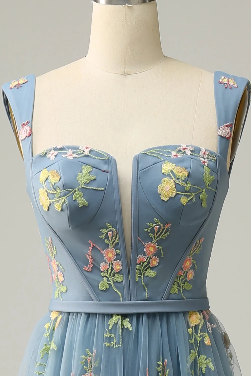 Elegant A-Line Square Neck Grey Blue Long Prom Dress with Embroidery sold by Zapaka product image thumbnail 4