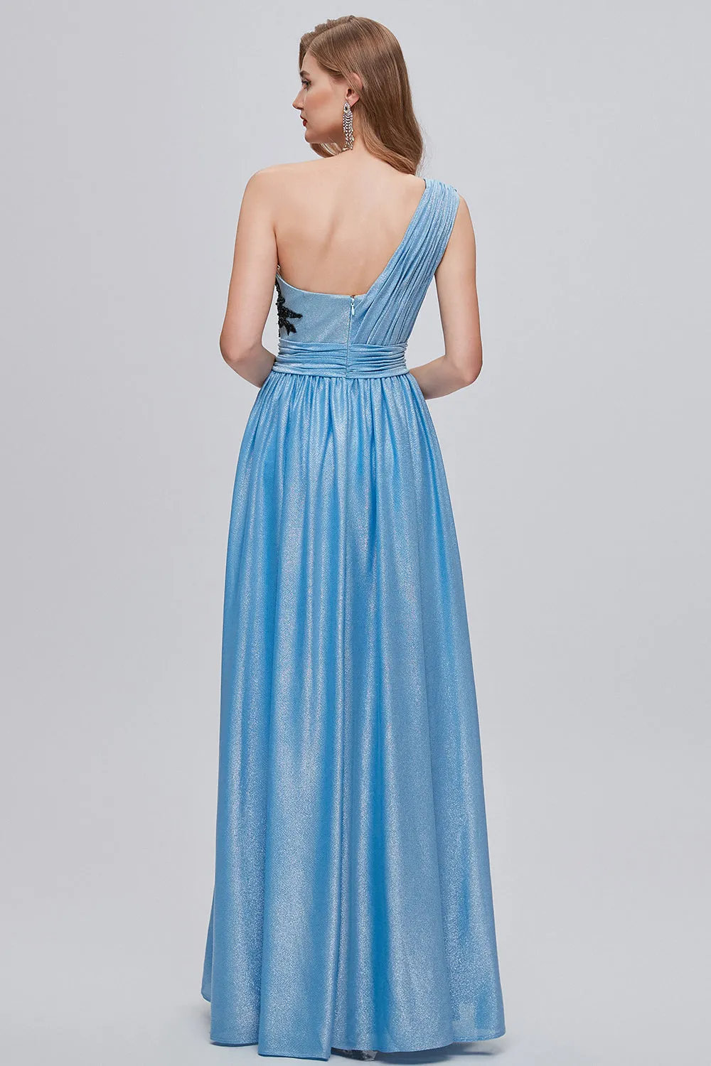 Blue One Shoulder Ruched Long Prom Dress with Appliques sold by Zapaka product image thumbnail 2