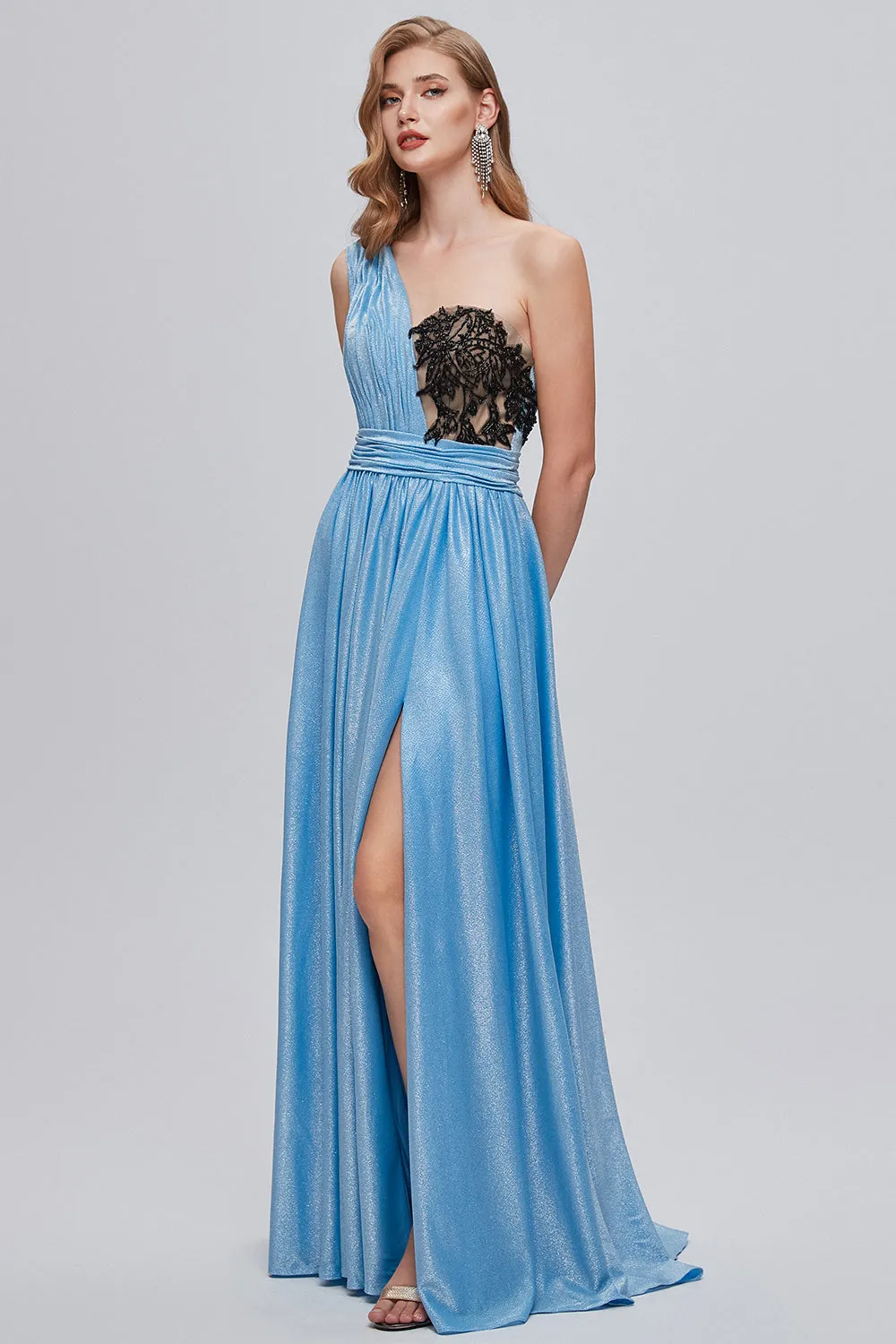 Blue One Shoulder Ruched Long Prom Dress with Appliques sold by Zapaka product image thumbnail 3