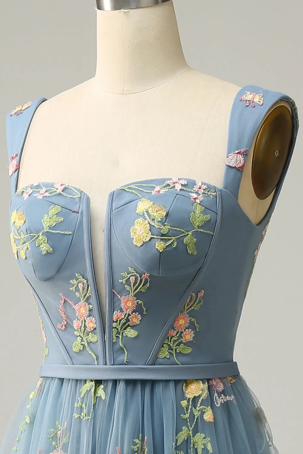 Elegant A-Line Square Neck Grey Blue Long Prom Dress with Embroidery sold by Zapaka product image thumbnail 5