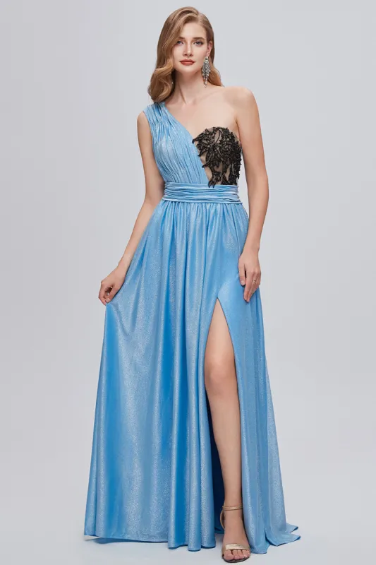 Blue One Shoulder Ruched Long Prom Dress with Appliques sold by Zapaka