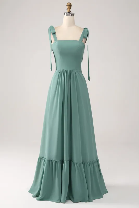 A Line Chiffon Green Long Bridesmaid Dress with Pleated made by Zapaka
