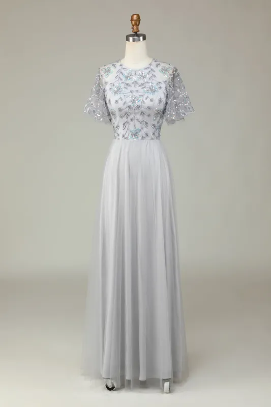 A-Line Tulle Beaded Long Grey Bridesmaid Dress with Appliques sold by Zapaka