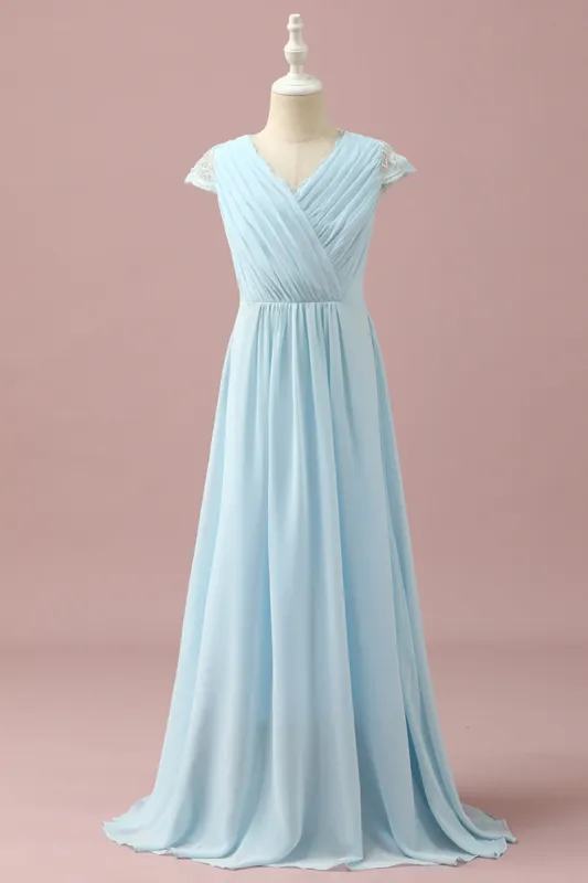 Light Blue Lace and Chiffon V-Neck Junior Bridesmaid Dress sold by Zapaka