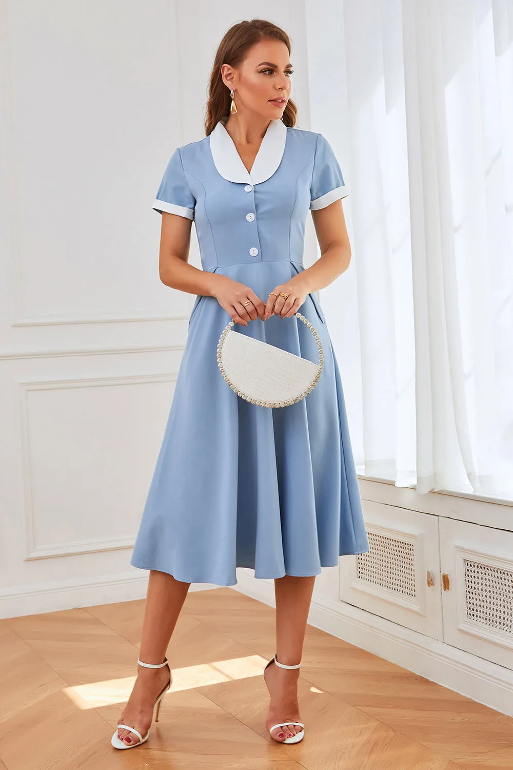 Blue 1950s Swing Dress with Pockets sold by Zapaka product image thumbnail 4