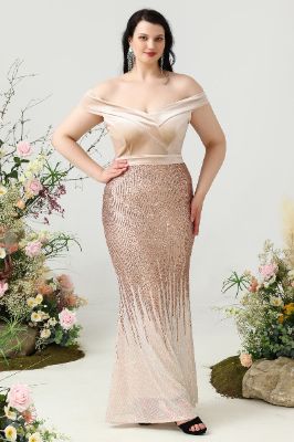 Mermaid Off the Shoulder Champagne Plus Size Prom Dress with Sequins sold by Zapaka