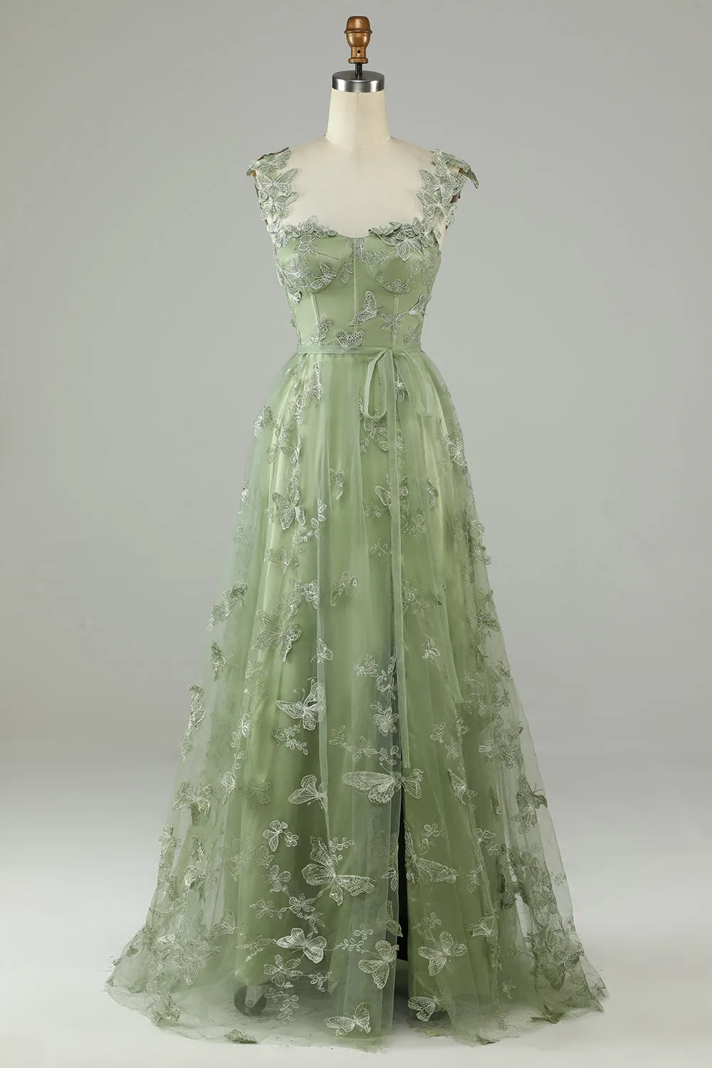 Green Corset Long Tulle Prom Dress with 3D Butterflies sold by Zapaka