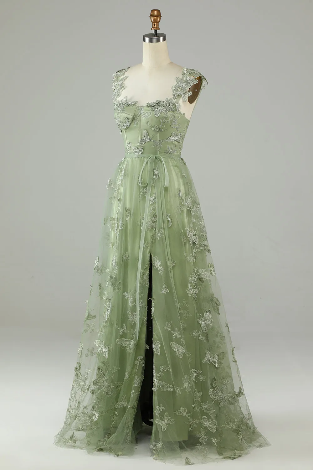 Green Corset Long Tulle Prom Dress with 3D Butterflies sold by Zapaka product image thumbnail 3