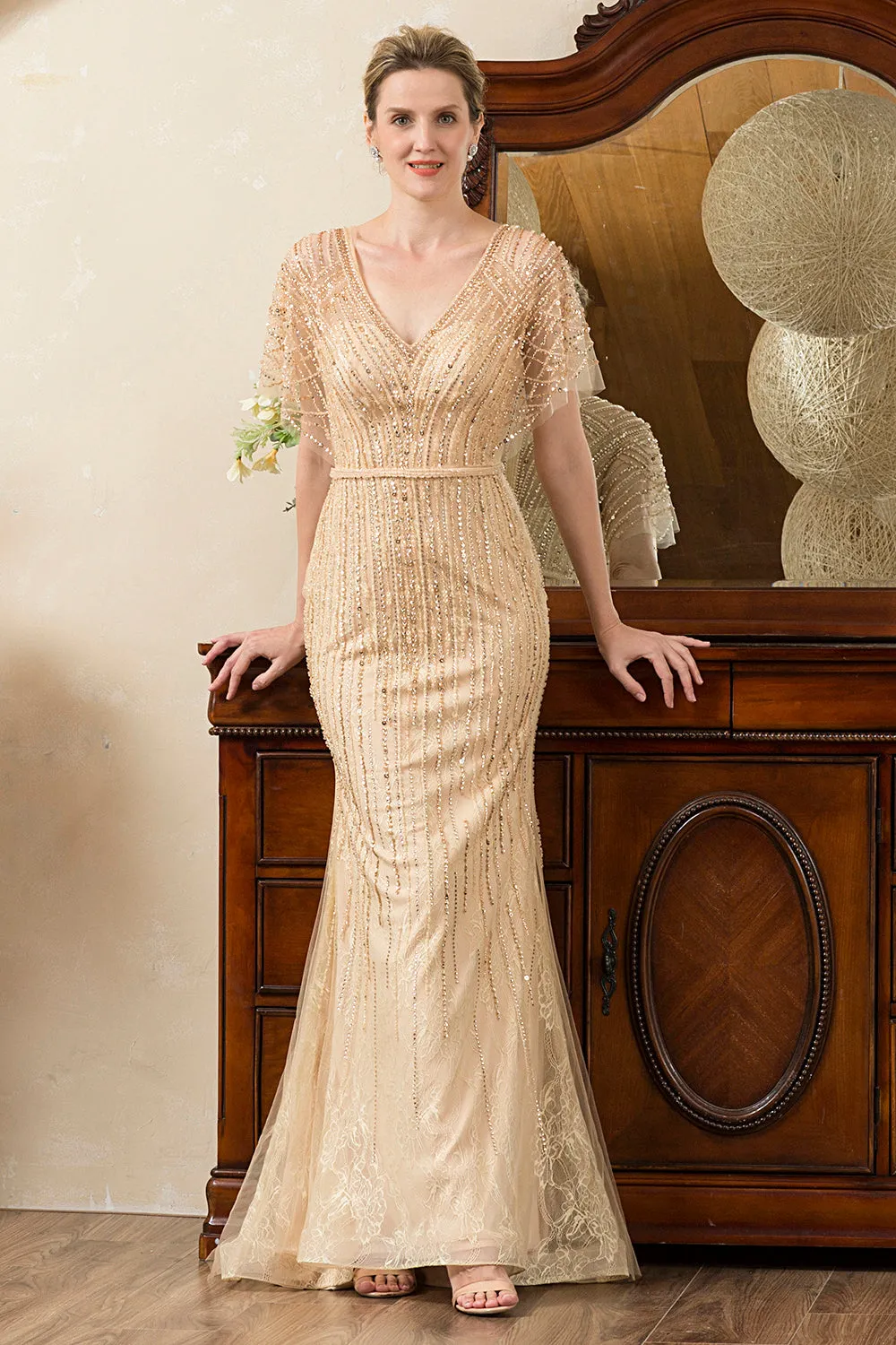 Beading V-neck Glitter Mermaid Mother of Bride Dress sold by Zapaka product image thumbnail 4