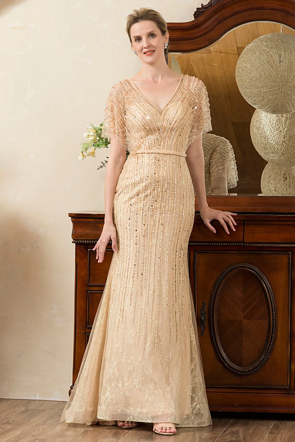 Beading V-neck Glitter Mermaid Mother of Bride Dress sold by Zapaka product image thumbnail 5