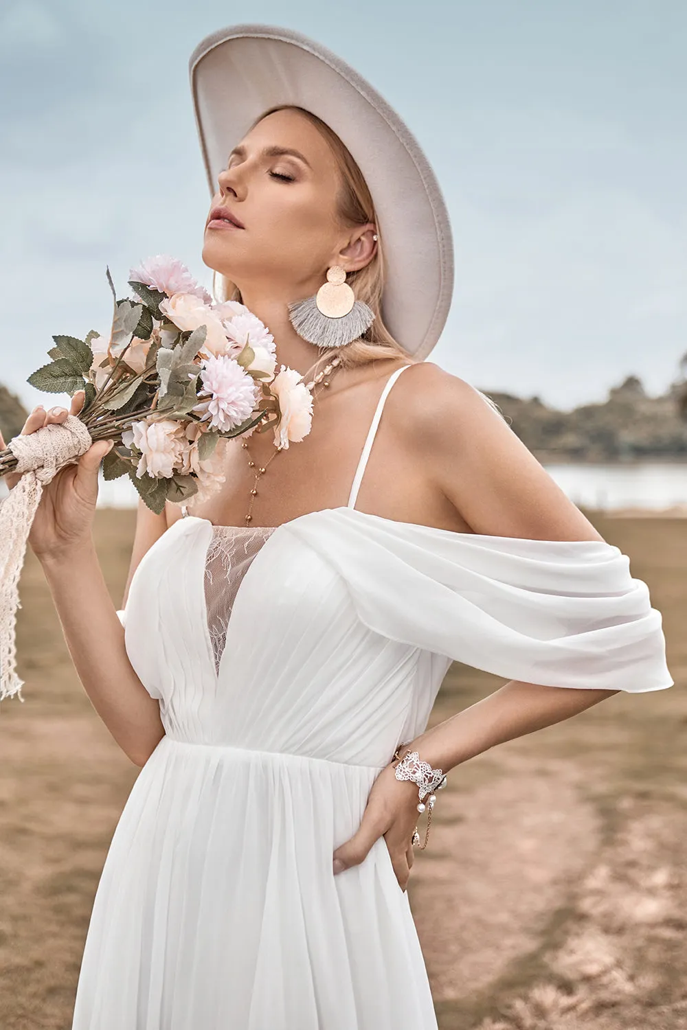 Off The Shoulder Ivory Boho Chiffon Ruched A Line Wedding Dress sold by Zapaka product image thumbnail 3