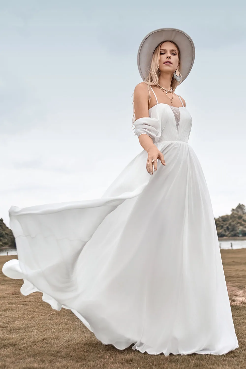 Off The Shoulder Ivory Boho Chiffon Ruched A Line Wedding Dress sold by Zapaka product image thumbnail 5