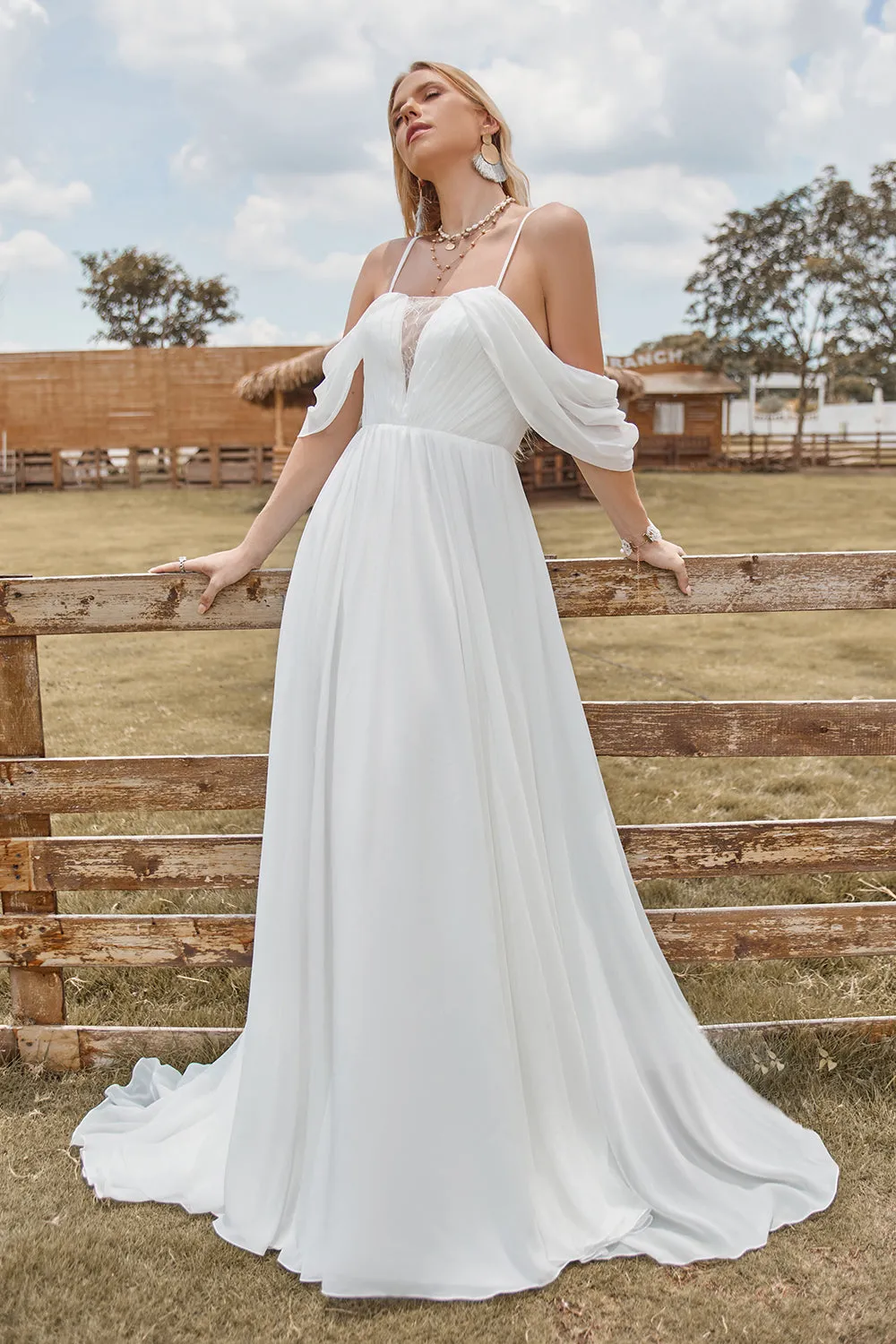 Off The Shoulder Ivory Boho Chiffon Ruched A Line Wedding Dress sold by Zapaka product image thumbnail 4