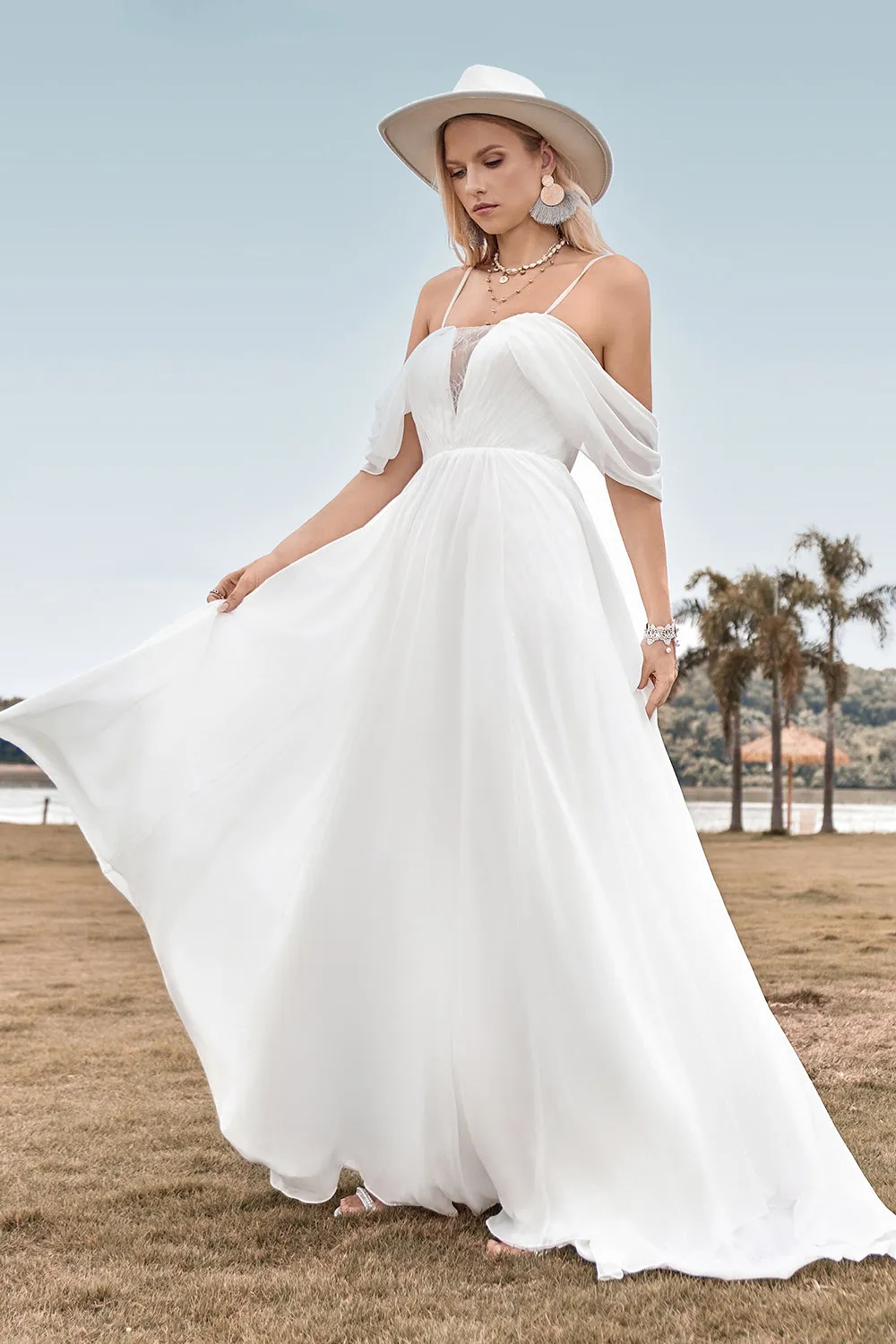 Off The Shoulder Ivory Boho Chiffon Ruched A Line Wedding Dress sold by Zapaka