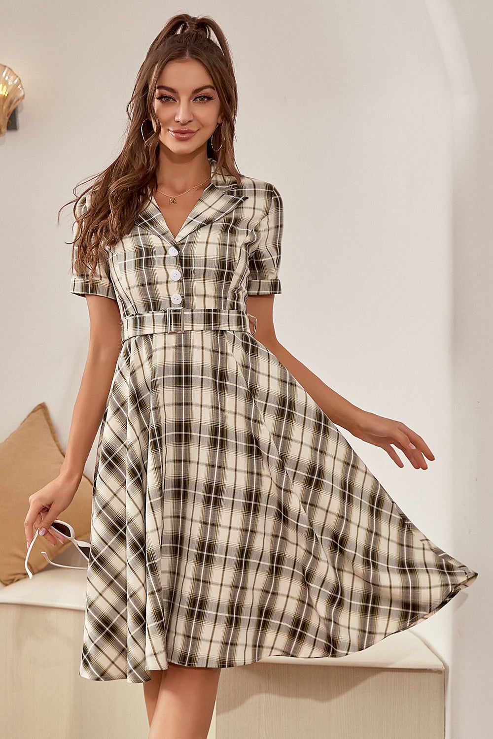 Green Short Sleeves Plaid Vintage 1950s Dress sold by Zapaka