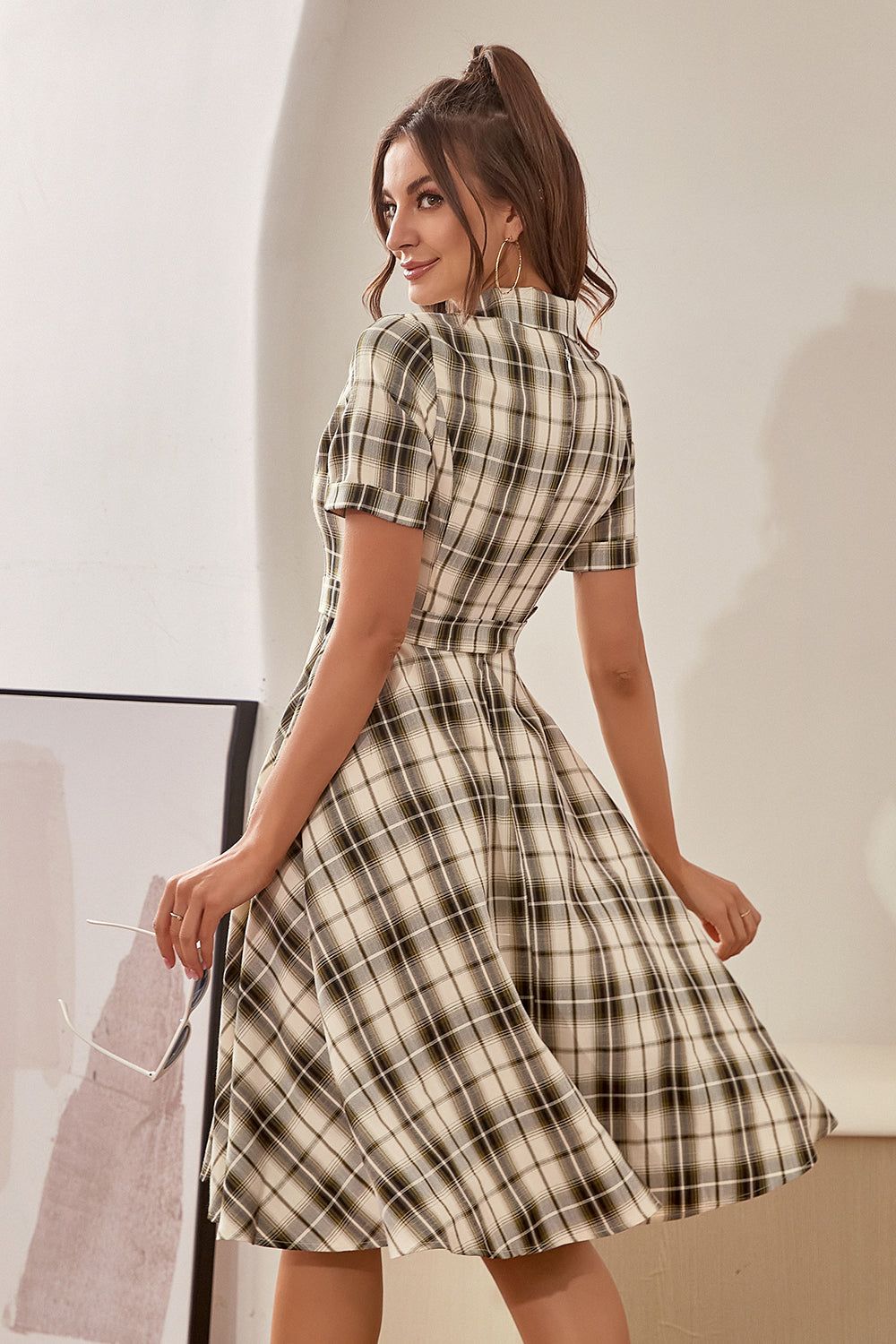 Green Short Sleeves Plaid Vintage 1950s Dress sold by Zapaka product image thumbnail 2