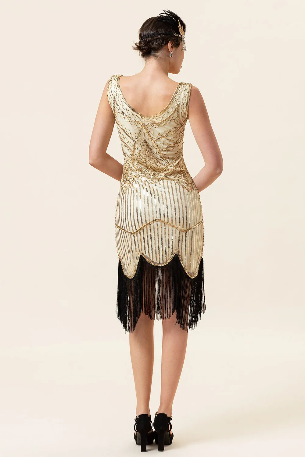 Champagne Sequins Fringes 1920s Flapper Dress with 20s Accessories Set sold by Zapaka product image thumbnail 3