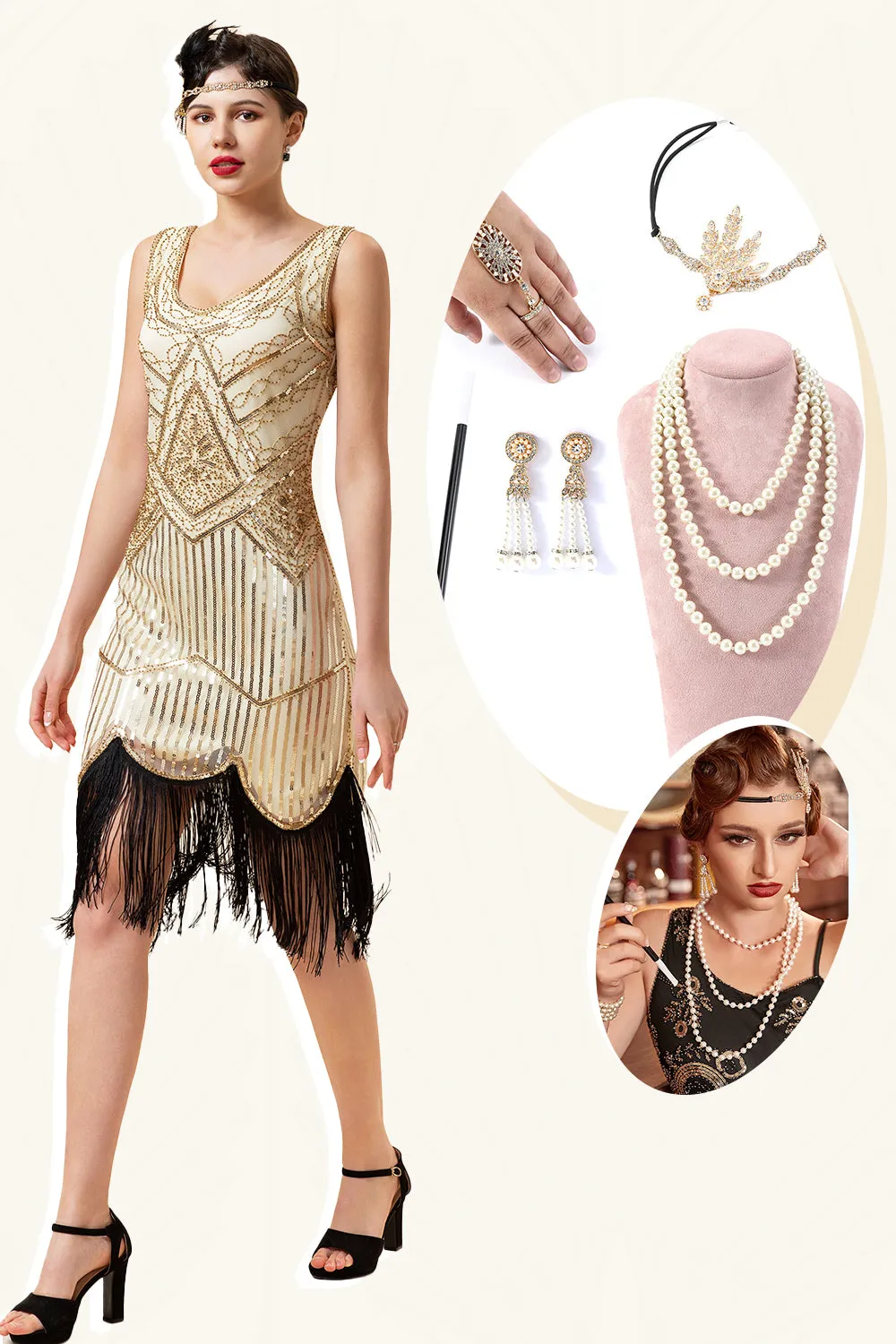 Champagne Sequins Fringes 1920s Flapper Dress with 20s Accessories Set sold by Zapaka