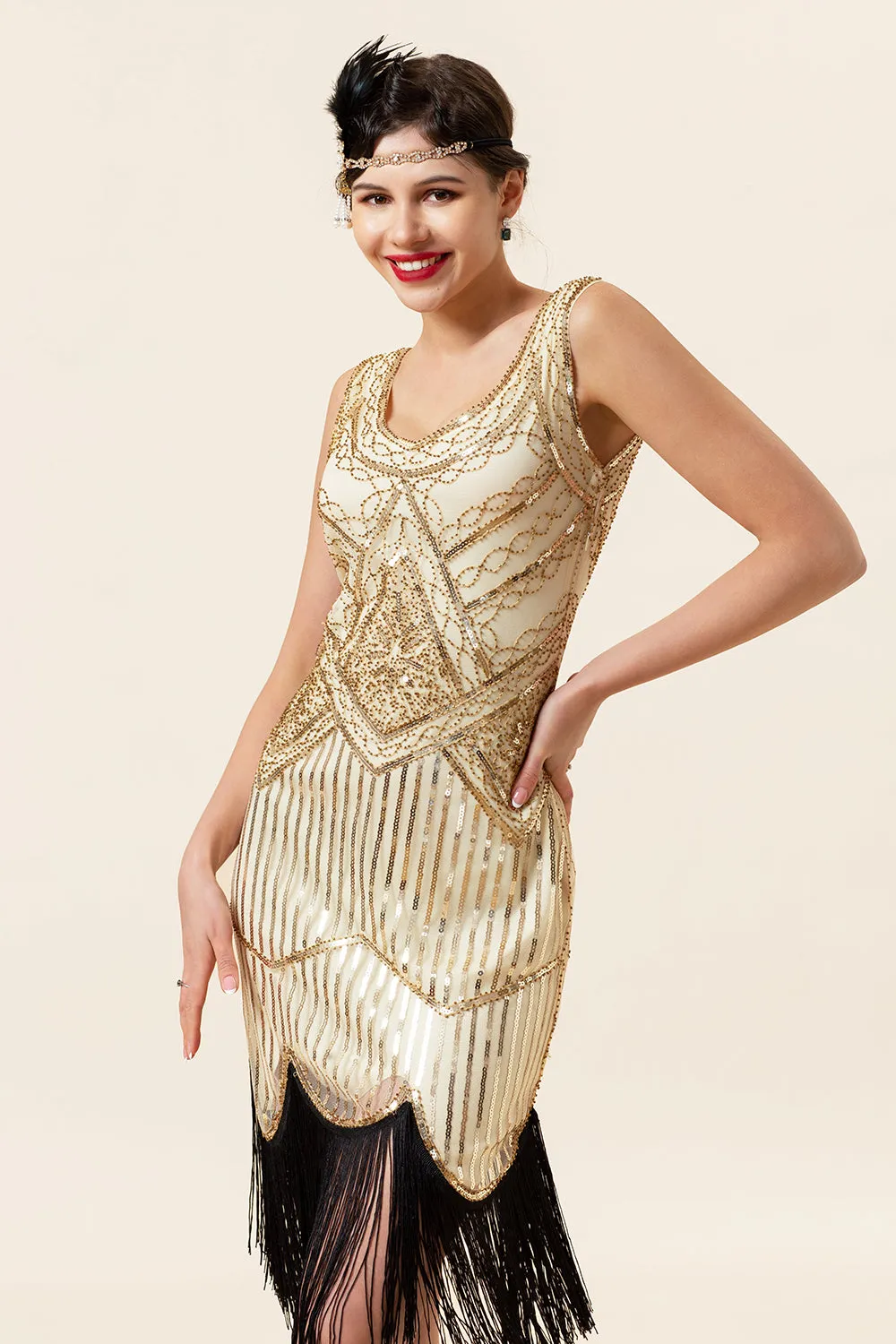 Champagne Sequins Fringes 1920s Flapper Dress with 20s Accessories Set sold by Zapaka product image thumbnail 5