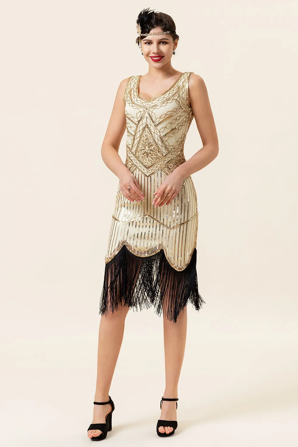 Champagne Sequins Fringes 1920s Flapper Dress with 20s Accessories Set sold by Zapaka product image thumbnail 2