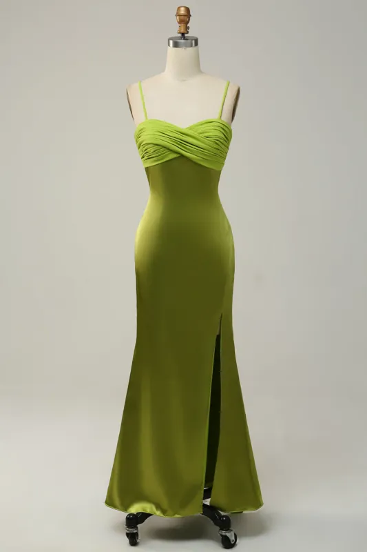 Sheath Spaghetti Straps Lemon Green Bridesmaid Dress with Silt sold by Zapaka
