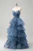 Grey Blue A-Line Embroidery Strapless Tiered Long Prom Dress sold by Zapaka