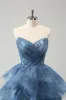 Grey Blue A-Line Embroidery Strapless Tiered Long Prom Dress sold by Zapaka