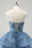 Grey Blue A-Line Embroidery Strapless Tiered Long Prom Dress sold by Zapaka
