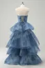 Grey Blue A-Line Embroidery Strapless Tiered Long Prom Dress sold by Zapaka