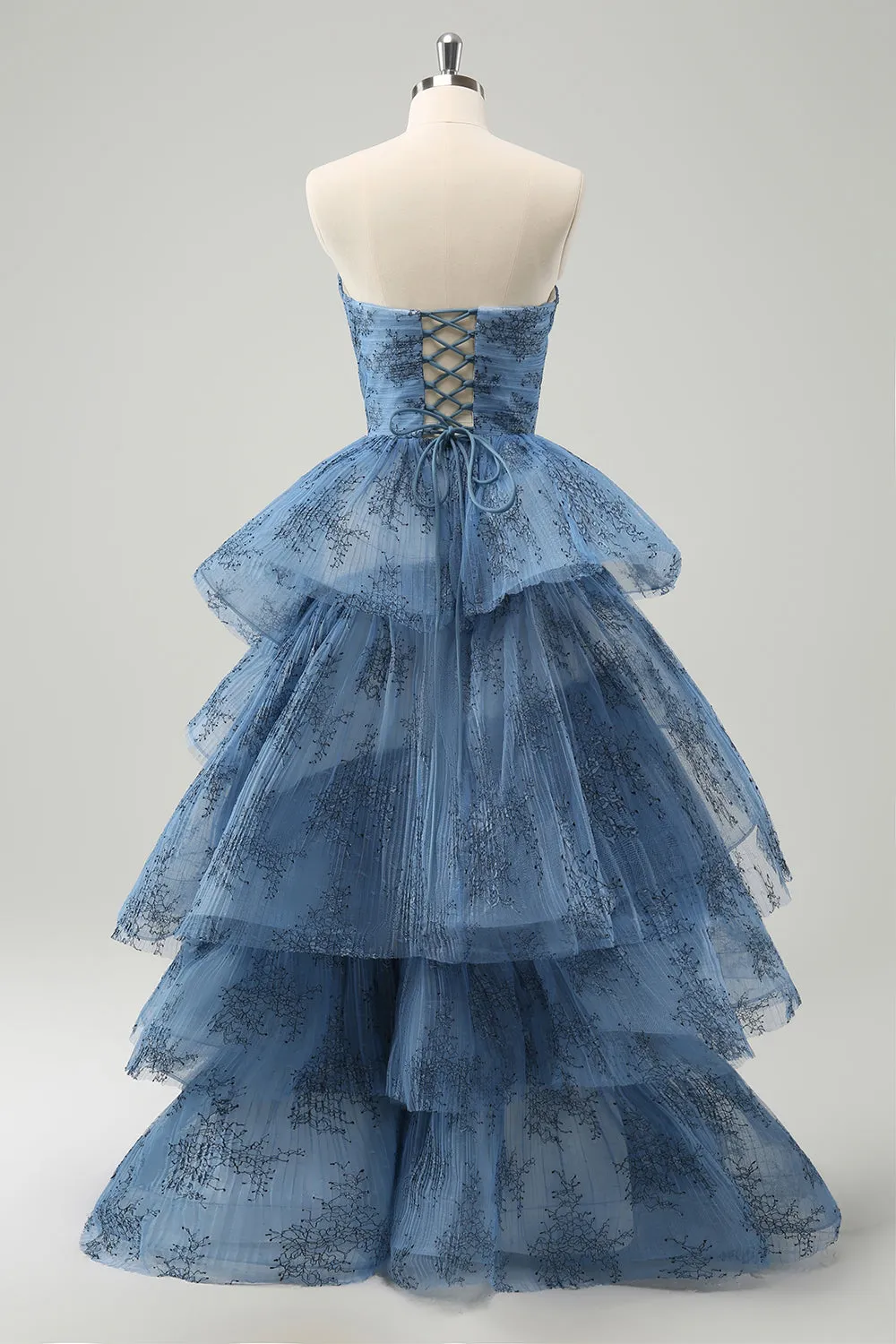 Grey Blue A-Line Embroidery Strapless Tiered Long Prom Dress sold by Zapaka product image thumbnail 2