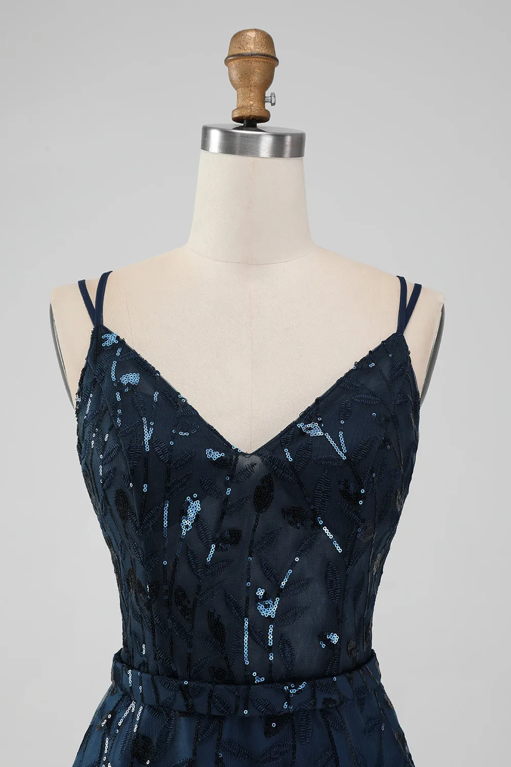 Navy A Line Spaghetti Straps Sparkly Sequins Short Homecoming Dress sold by Zapaka product image thumbnail 4