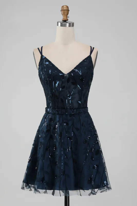 Navy A Line Spaghetti Straps Sparkly Sequins Short Homecoming Dress sold by Zapaka