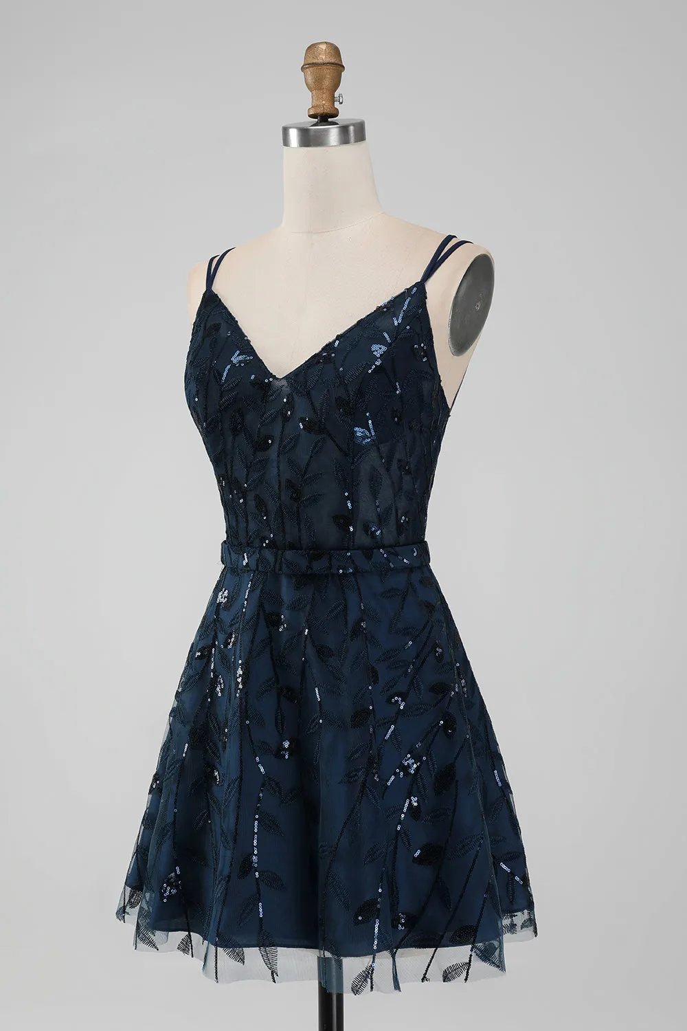 Navy A Line Spaghetti Straps Sparkly Sequins Short Homecoming Dress sold by Zapaka product image thumbnail 3