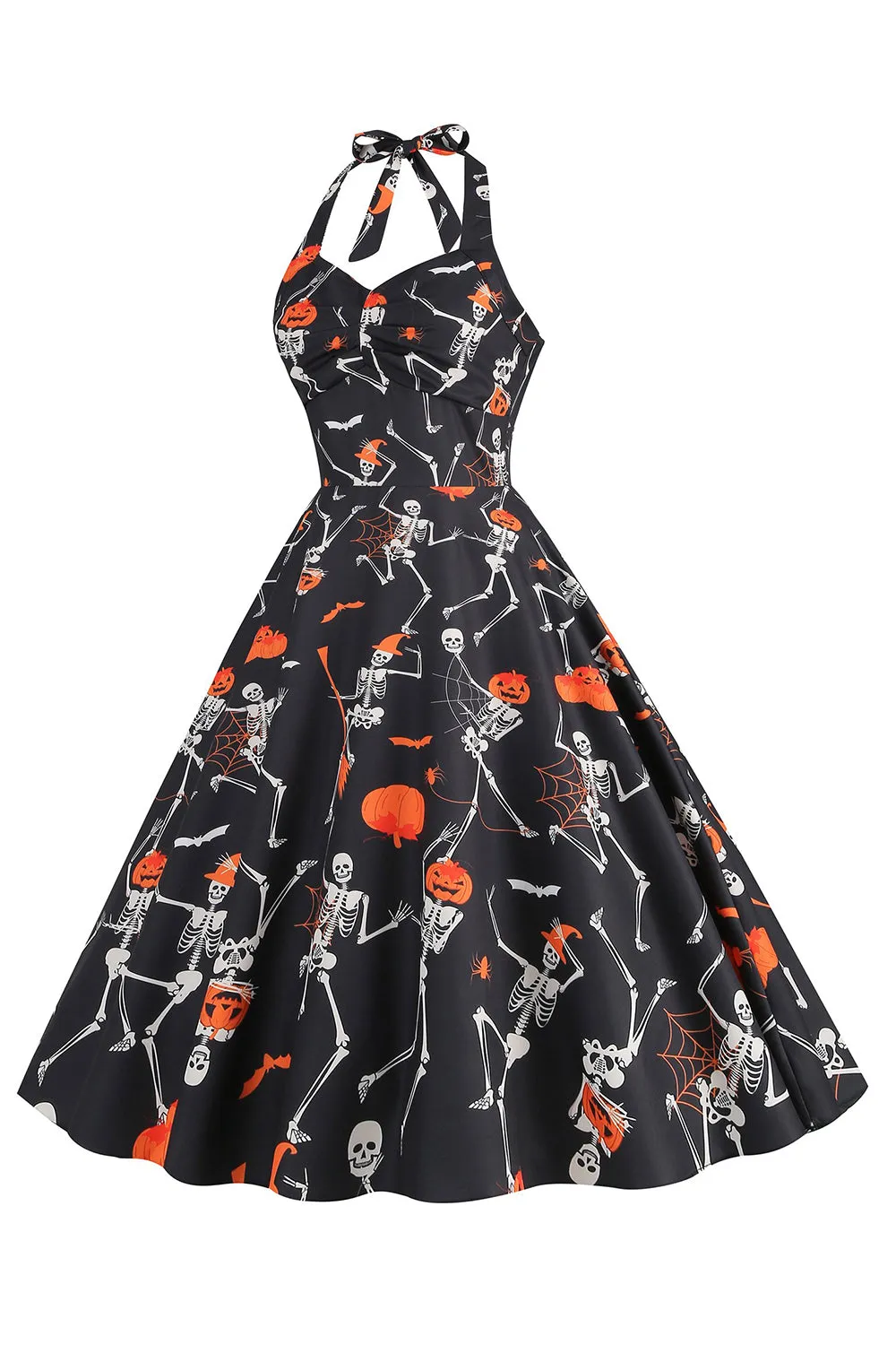 Halloween Black Halter Pumpkin Printed 1950s Dress sold by Zapaka product image thumbnail 3