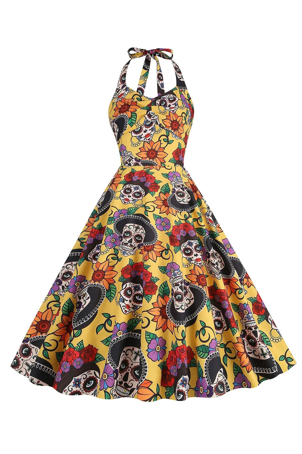 Halloween Black Halter Pumpkin Printed 1950s Dress sold by Zapaka product image thumbnail 4