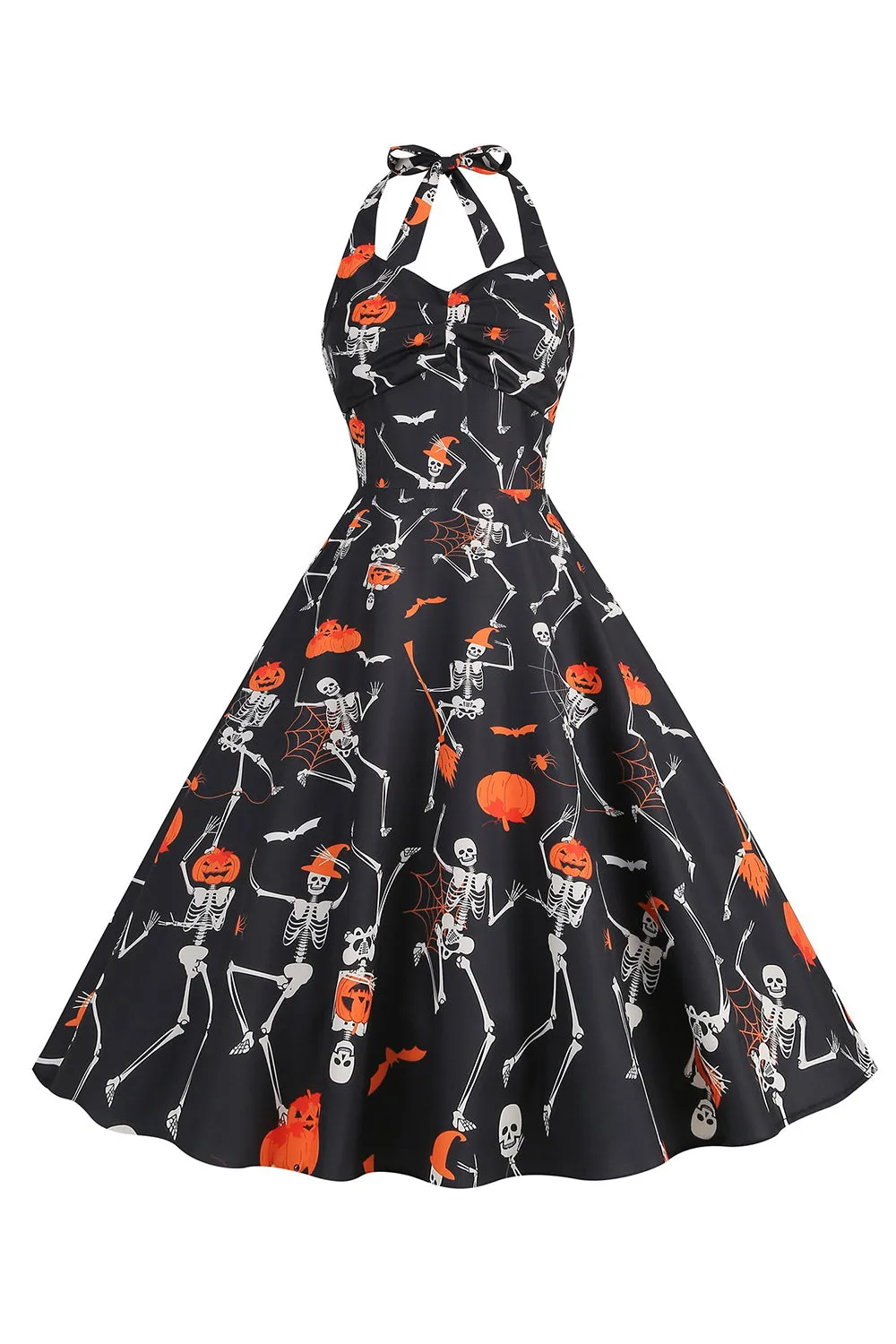 Halloween Black Halter Pumpkin Printed 1950s Dress sold by Zapaka
