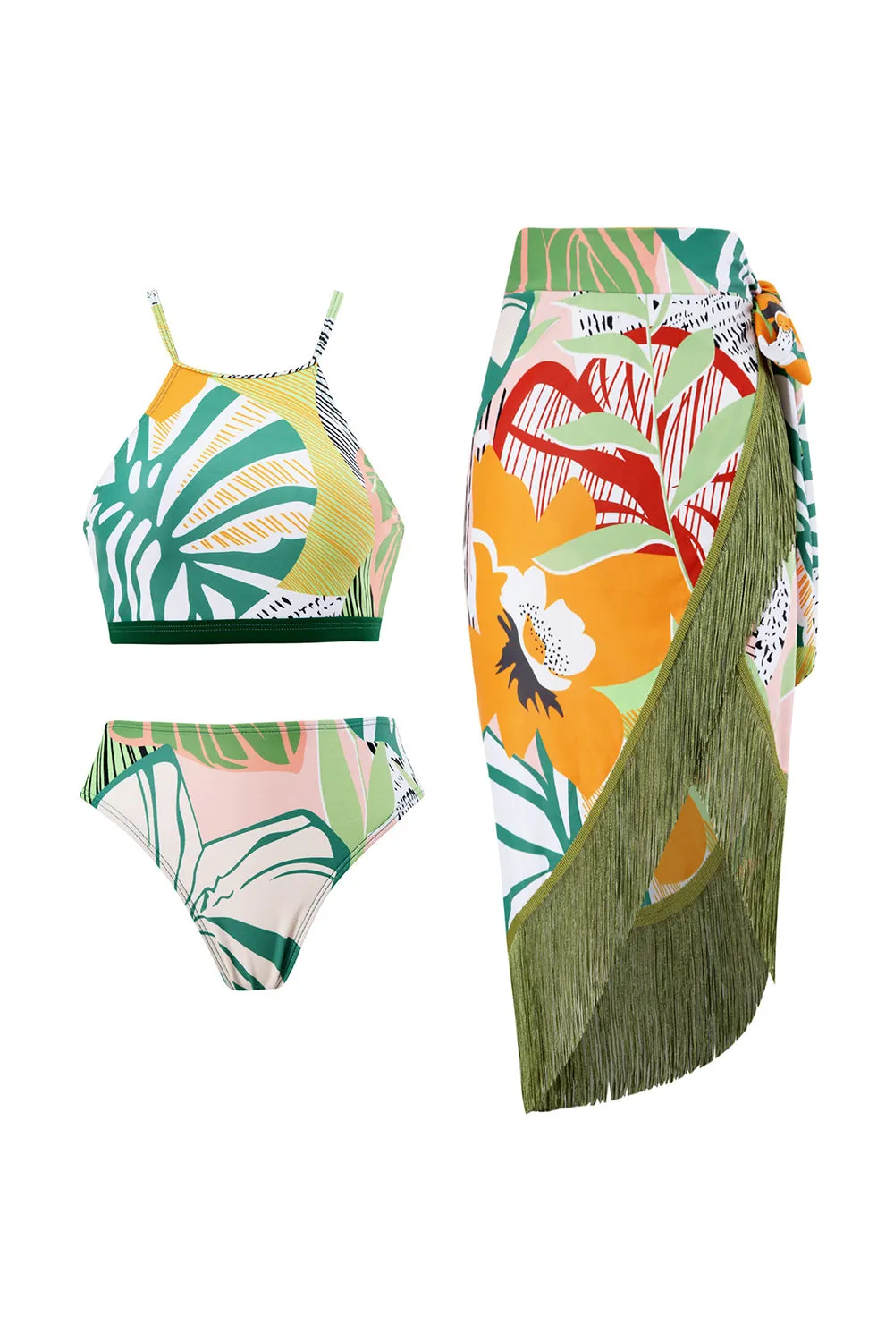 Two Piece Green Printed Bikini Set with Beach Skirt sold by Zapaka