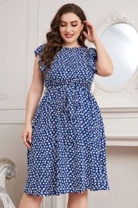 Blue Printed A Line Plus Size Summer Dress With Ruffles sold by Zapaka