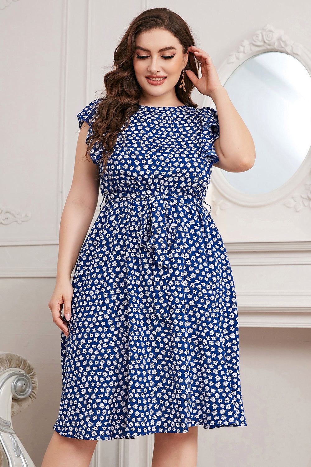 Blue Printed A Line Plus Size Summer Dress With Ruffles sold by Zapaka product image thumbnail 3