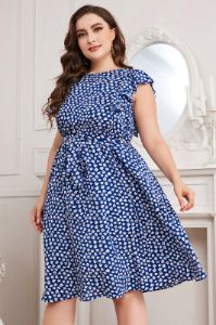 Blue Printed A Line Plus Size Summer Dress With Ruffles sold by Zapaka