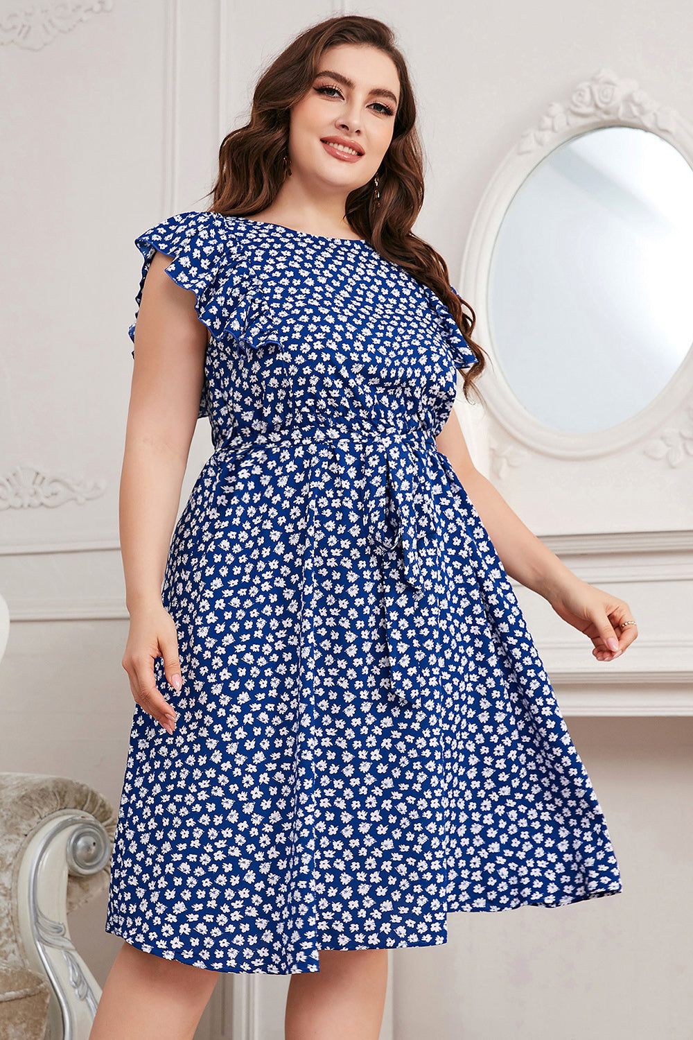 Blue Printed A Line Plus Size Summer Dress With Ruffles sold by Zapaka product image thumbnail 5