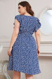 Blue Printed A Line Plus Size Summer Dress With Ruffles sold by Zapaka