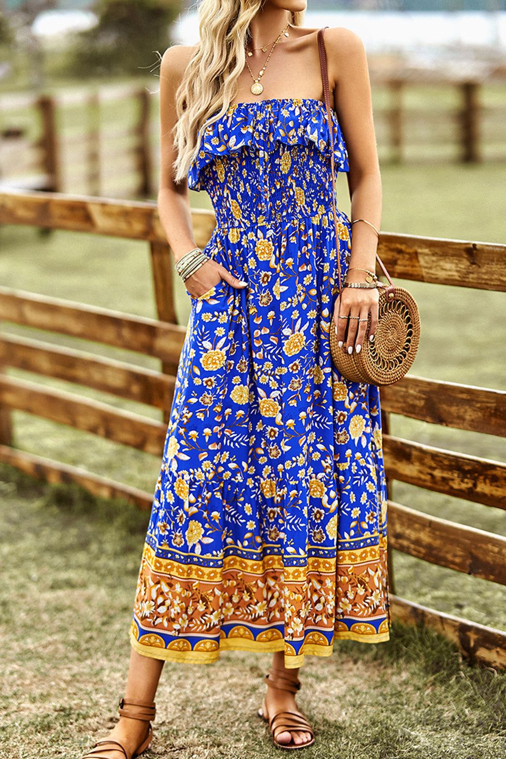Royal Blue Strapless Flower Printed Summer Dress With Slit sold by Zapaka product image thumbnail 4