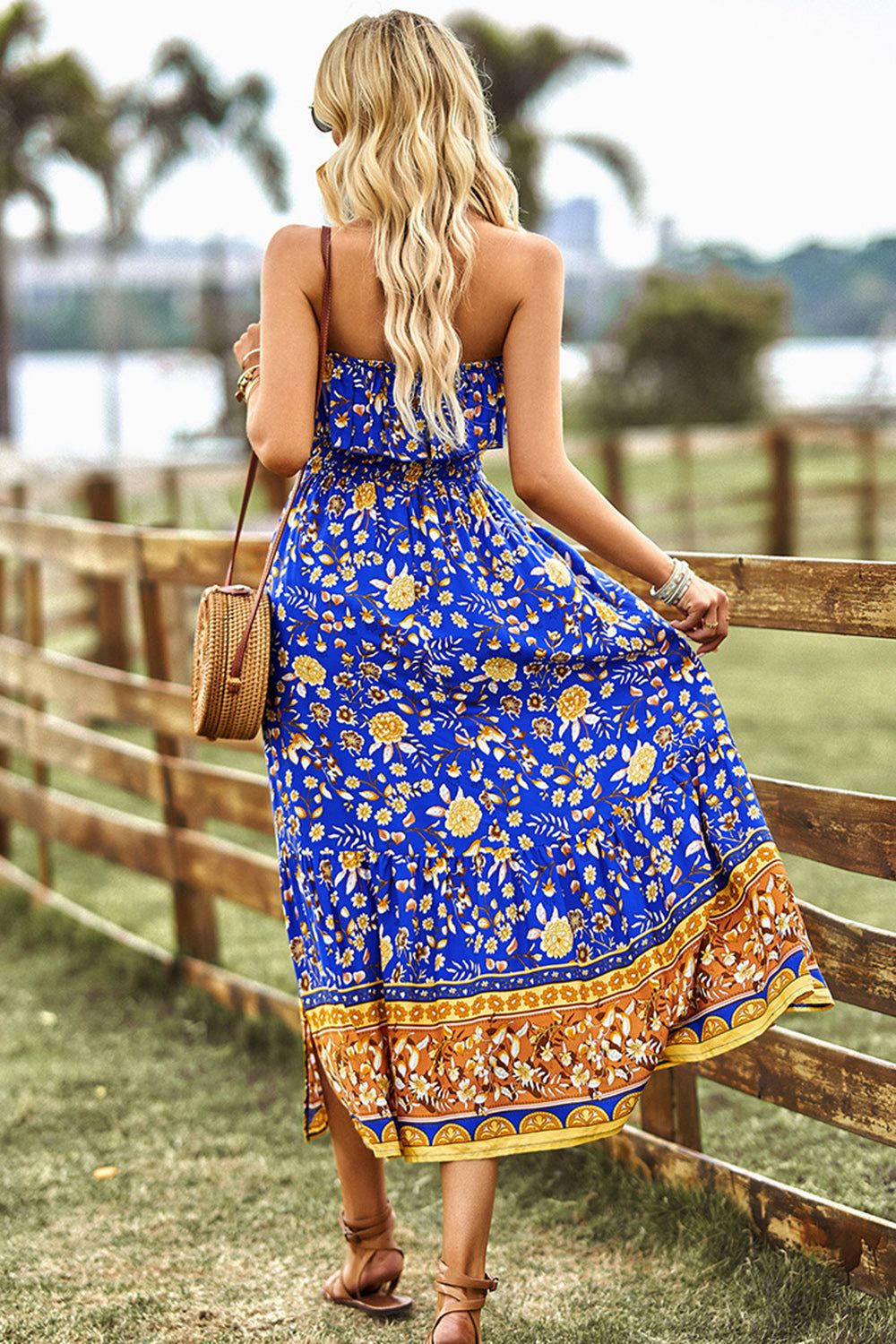 Royal Blue Strapless Flower Printed Summer Dress With Slit sold by Zapaka product image thumbnail 2