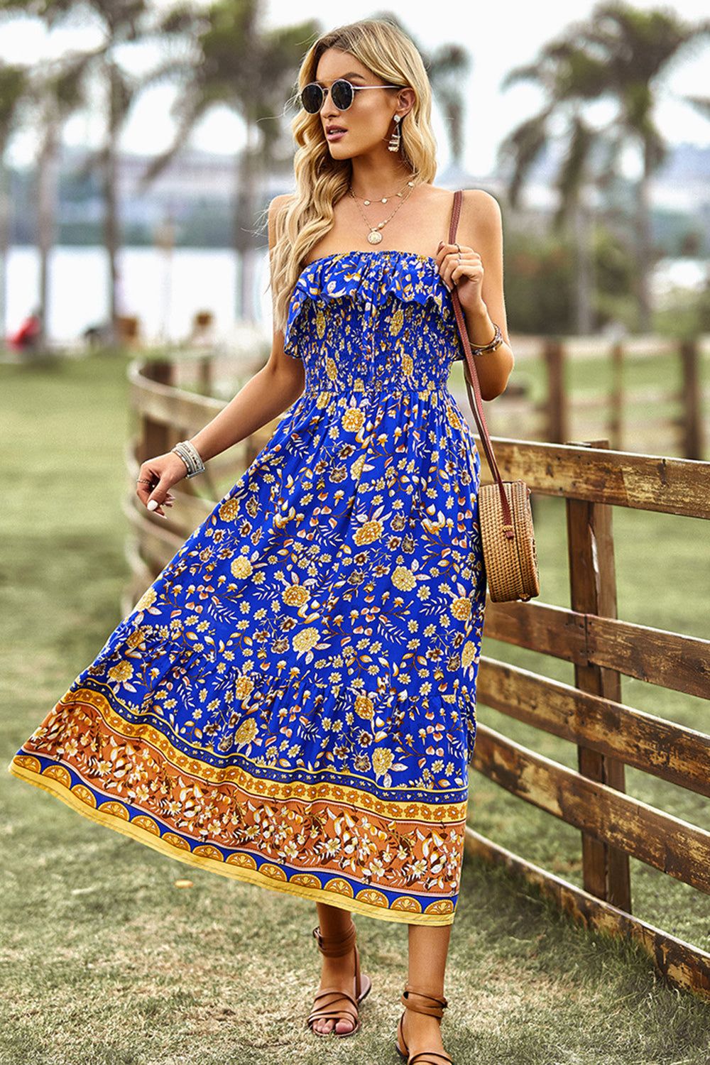 Royal Blue Strapless Flower Printed Summer Dress With Slit sold by Zapaka product image thumbnail 3