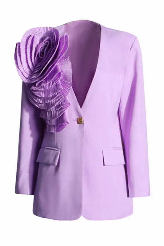 Purple Flower V Neck Single Button Women's Blazer sold by Zapaka